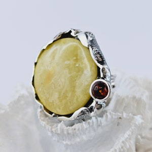 Artistic White Natural Baltic Amber Ring, White yellow Amber Ring, Amber And Sterling Silver Ring, Baltic Amber Jewelry, Amber Gift For Her