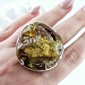 Unusual Natural Baltic Amber Ring, Amazing Amber Ring, Amber And Sterling Silver Ring, Baltic Amber Jewelry, Amber Gift, Unusual Amber