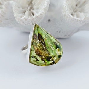 Unique Green Amber, Natural Baltic Amber Ring, unique Amber Ring, Amber And Sterling Silver Ring, Baltic Amber Jewelry, Amber Gift for her