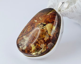 Cognac Baltic Amber Pendant, Sterling Silver, Unique Stone, 925 Silver, Sea Jewelry,