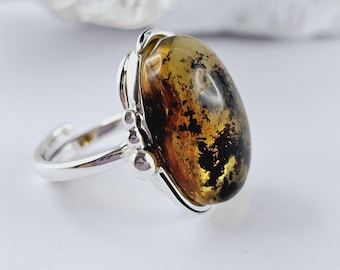 Adjustable Cognac Baltic Amber Ring, Sterling Silver, Handmade Jewelry, 925 Silver, Sea Jewelry,