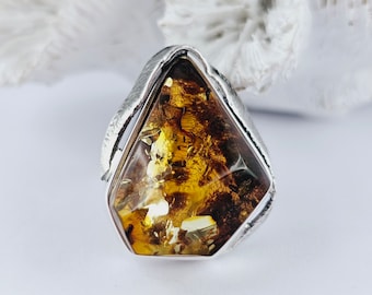 Adjustable Cognac Baltic Amber Ring, Sterling Silver, Unique Handmade Jewelry, 925 Silver, Sea Jewelry,