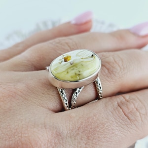 Unique Elegant Huge White Natural Baltic Amber Ring, White Amber Ring, Amber And Sterling Silver Ring, Baltic Amber Jewelry