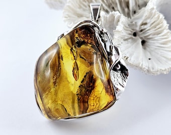 Cognac Baltic Amber Pendant, Sterling Silver, Handmade Stone Jewelry, 925 Silver, Sea Jewelry,