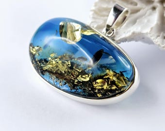 Shiny Blue Amber Pendant, Natural Baltic Amber And Silver, Genuine Amber Jewelry, Amber Stone, Gift for her, Pendant, unique blue pendant