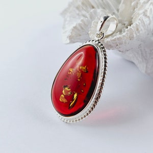 Shiny Red Amber Pendant, Natural Baltic Amber And Silver, Genuine Amber Jewelry, Amber Stone, Gift for her, Pendant, unique red pendant