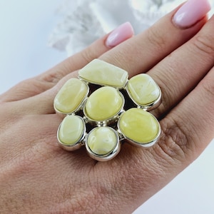 Unique Elegant Huge White Natural Baltic Amber Ring, Multistone Ring, White Amber Ring, Amber And Sterling Silver Ring, Baltic Amber Jewelry