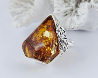 Adjustable Cognac Baltic Amber Ring, Sterling Silver, Handmade Jewelry, 925 Silver, Sea Jewelry,
