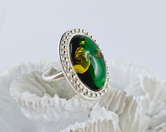 Adjustable Green Baltic Amber Sterling Silver Ring, 925 Silver, Sea Jewelry,