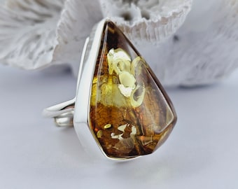 Adjustable Cognac Baltic Amber Ring, Sterling Silver, Handmade Jewelry, 925 Silver, Sea Jewelry,