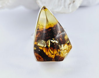 Adjustable Cognac Baltic Amber Ring, Sterling Silver, Unique Handmade Jewelry, 925 Silver, Sea Jewelry,