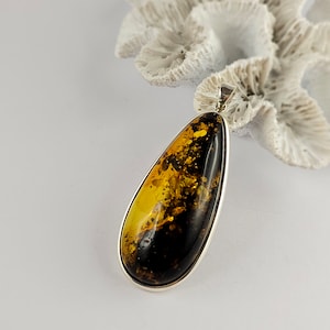Shiny Black and Cognac Pendant, Natural Baltic Amber And Silver, Genuine Amber Jewelry, Amber Stone, Gift for her, Pendant, unique pendant