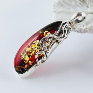 Shiny Red Amber Pendant, Natural Baltic Amber And Silver, Genuine Amber Jewelry, Amber Stone, Gift for her, Pendant, unique red pendant