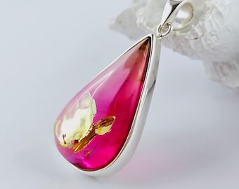 Shiny Pink Amber Pendant, Natural Baltic Amber And Silver, Genuine Amber Jewelry, Amber Stone, Gift for her, Pendant, unique red pendant