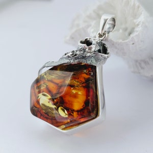 Huge Elegant Shiny Cognac Amber Pendant, Natural Baltic Amber And Silver, Genuine Amber Jewelry, Amber Stone, Gift for her, Pendant, unique