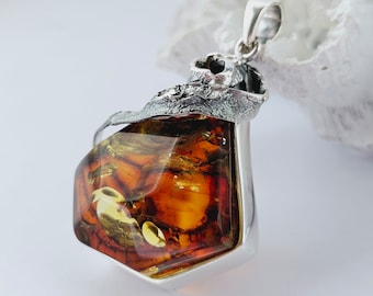 Cognac Baltic Amber Pendant, Sterling Silver, Unique Gemstone Jewelry, 925 Silver, Sea Jewelry,
