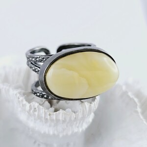 Unique Elegant Huge White Natural Baltic Amber Ring, White Amber Ring, Amber And Sterling Silver Ring, Baltic Amber Jewelry, Oxidized silver