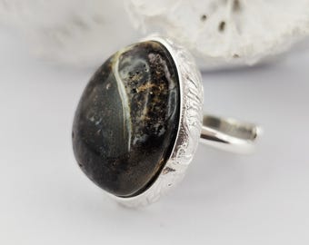 Adjustable Black Baltic Amber Ring, Sterling Silver, Handmade, 925 Silver, Sea Jewelry,