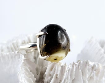 Adjustable Black Baltic Amber Ring, Sterling Silver, 925 Silver, Sea Jewelry,
