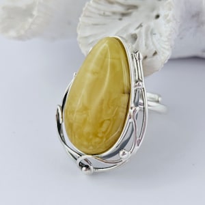 Unusual Natural Baltic Amber Ring, White Amber Ring, Amber And Sterling Silver Ring, Baltic Amber Jewelry, Amber Gift For Her, White Amber