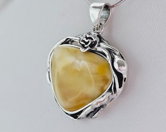 Butterscotch Baltic Amber Pendant, Sterling Silver Floral Setting, 925 Silver, Sea Jewelry,