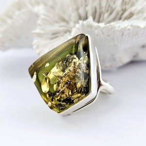 Unique Green Amber, Natural Baltic Amber Ring, unique Amber Ring, Amber And Sterling Silver Ring, Baltic Amber Jewelry, Amber Gift for her
