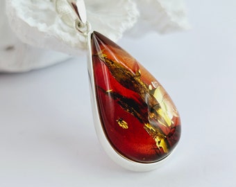 Shiny Red Amber Pendant, Natural Baltic Amber And Silver, Genuine Amber Jewelry, Amber Stone, Gift for her, Pendant, unique red pendant