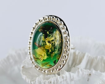 Adjustable Green Baltic Amber Ring, Sterling Silver, Unique Design, 925 Silver, Sea Jewelry,