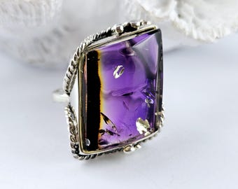 Ámbar violeta enorme y majestuoso, anillo de ámbar báltico natural, anillo de ámbar único, anillo de ámbar y plata de ley, joyería de ámbar báltico, regalo de ámbar