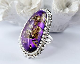 Ámbar violeta enorme y majestuoso, anillo de ámbar báltico natural, anillo de ámbar único, anillo de ámbar y plata de ley, joyería de ámbar báltico, regalo de ámbar