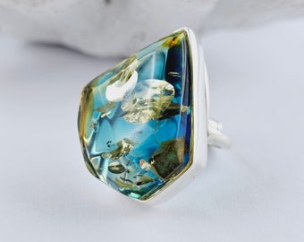 Ambre bleu clair incroyable, bague en ambre de la Baltique naturelle, bague en ambre unique, bague en ambre et argent sterling, bijoux en ambre de la Baltique, cadeau en ambre