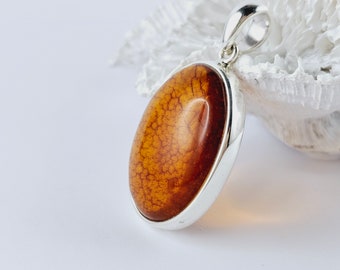 Cognac Baltic Amber Pendant, Sterling Silver, Handmade in Poland, 925 Silver, Sea Jewelry,
