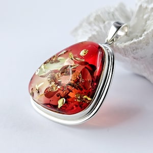Shiny Red Amber Pendant, Natural Baltic Amber And Silver, Genuine Amber Jewelry, Amber Stone, Gift for her, Pendant, unique red pendant