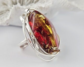 Roter Baltischer Bernstein Sterlingsilber Ring, Verstellbar, 925 Silber, Meeresschmuck,