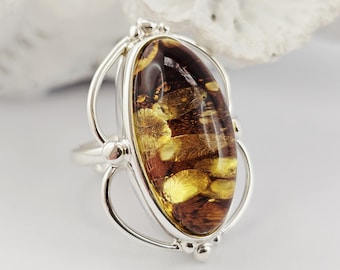 Adjustable Cognac Baltic Amber Ring, Sterling Silver, Unique Jewelry, 925 Silver, Sea Jewelry,