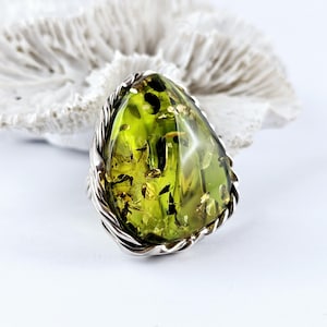 Unique Green Amber, Natural Baltic Amber Ring, unique Amber Ring, Amber And Sterling Silver Ring, Baltic Amber Jewelry, Amber Gift for her