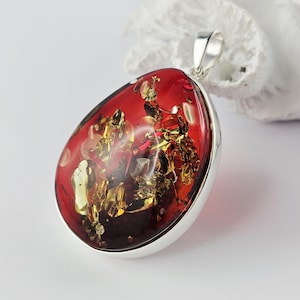 Shiny Red Amber Pendant, Natural Baltic Amber And Silver, Genuine Amber Jewelry, Amber Stone, Gift for her, Pendant, unique red pendant