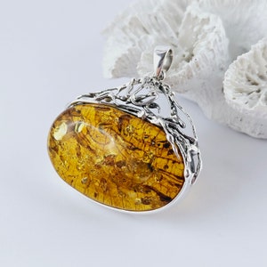 Huge Elegant Shiny Cognac Amber Pendant, Natural Baltic Amber And Silver, Genuine Amber Jewelry, Amber Stone, Gift for her, Pendant, unique