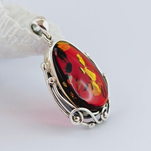 Shiny Red Amber Pendant, Natural Baltic Amber And Silver, Genuine Amber Jewelry, Amber Stone, Gift for her, Pendant, unique red pendant
