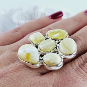Unique Elegant Huge White Natural Baltic Amber Ring, Multistone Ring, White Amber Ring, Amber And Sterling Silver Ring, Baltic Amber Jewelry
