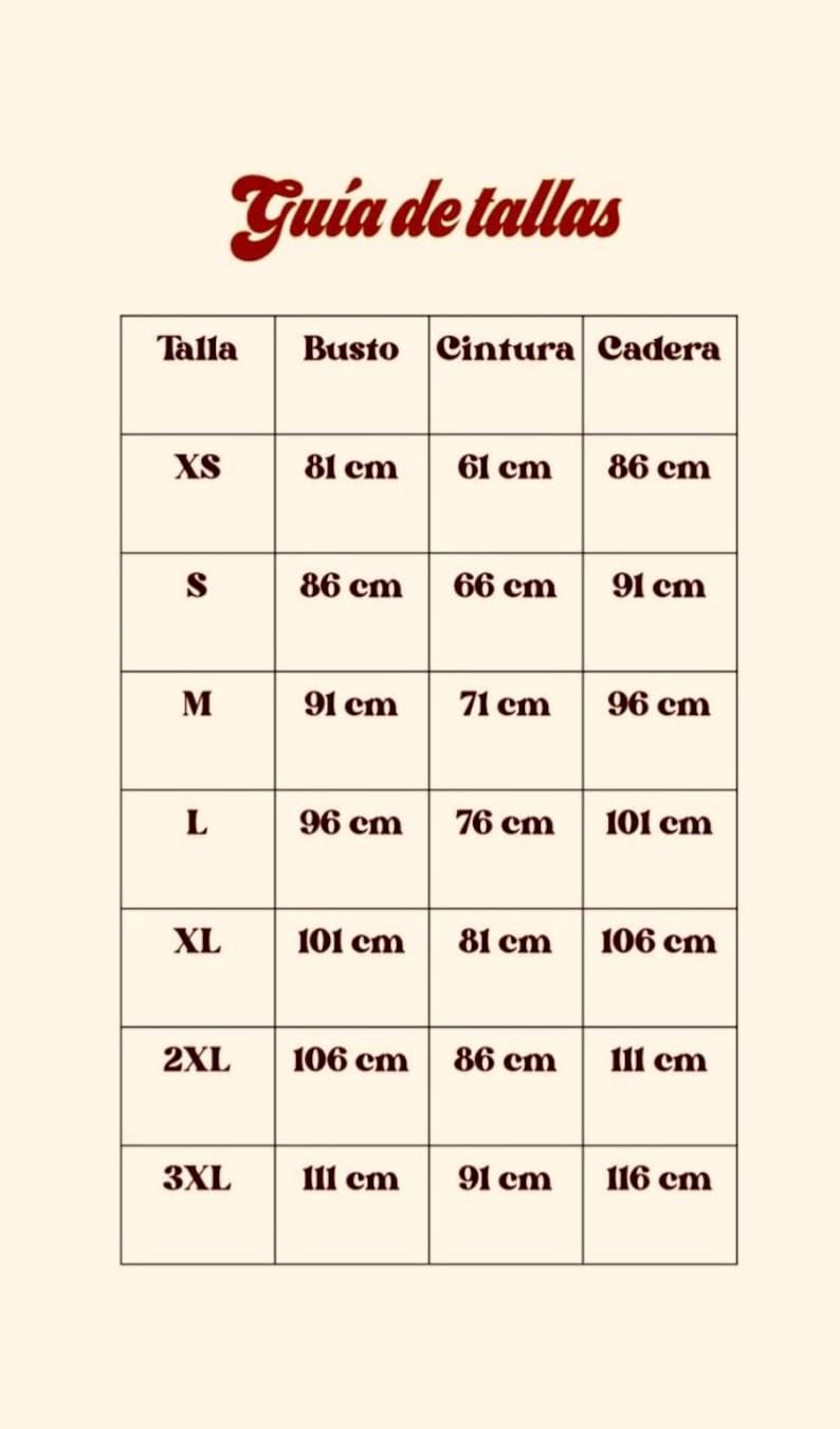 Puede incluir: Una tabla de tallas con el t&iacute;tulo "Gu&iacute;a de tallas" en una fuente retro. La tabla enumera las tallas XS a 3XL con medidas de busto, cintura y cadera en cent&iacute;metros. El fondo es de color beige claro.