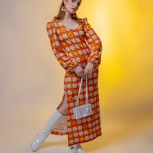 Retro maxi dress. Ballon sleeve maxi dress. Orange maxi dress. Vintage style maxi dress. The Swinging Daisies Long Sleeve Maxi Dress image 1