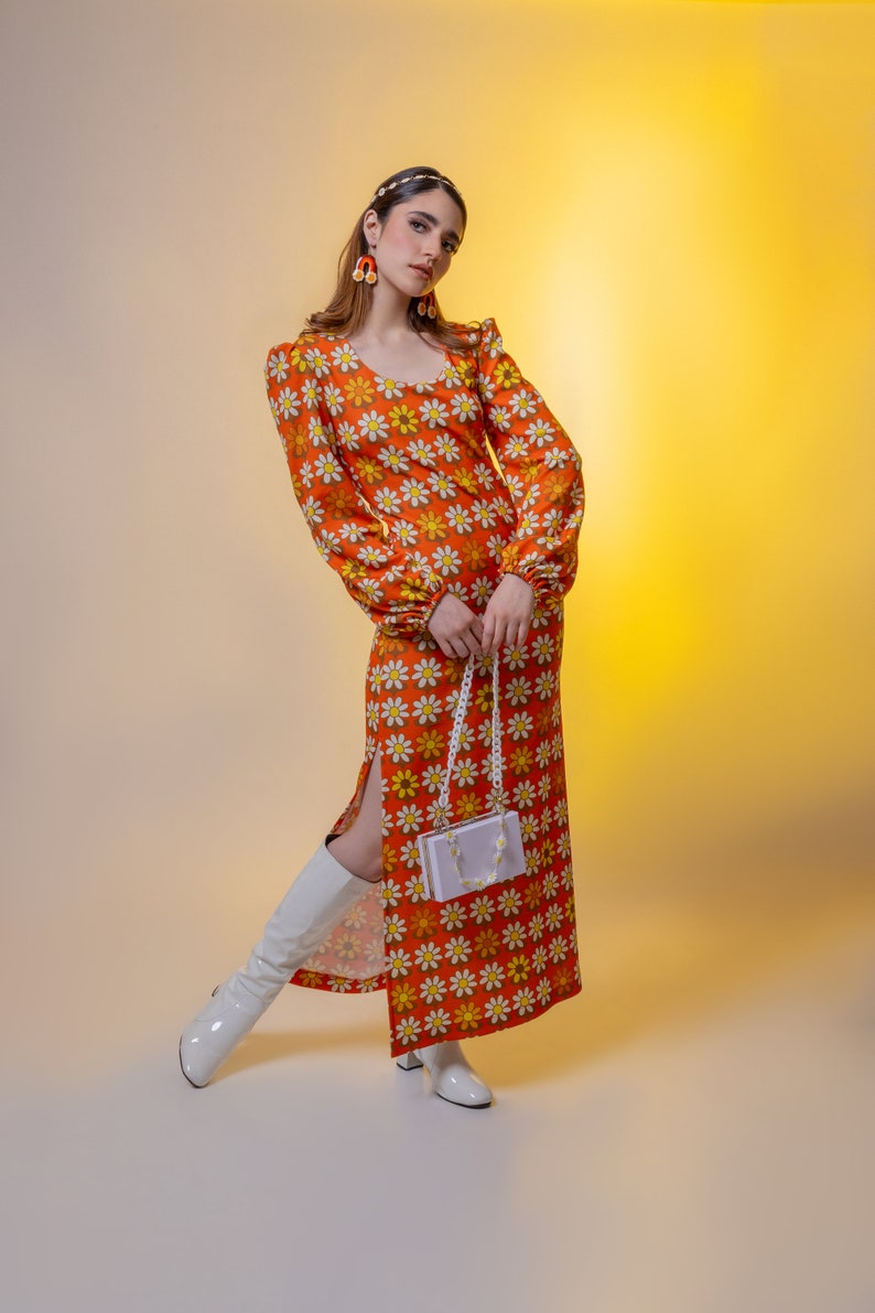 Retro maxi dress. Ballon sleeve maxi dress. Orange maxi dress. Vintage style maxi dress. The Swinging Daisies Long Sleeve Maxi Dress image 1