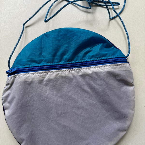 Up-cycled parachute bag. Moon bag, Eco, small travel crossbody, recycled sky-diving gear, Light, Beach bag, Festival Foldable Bag