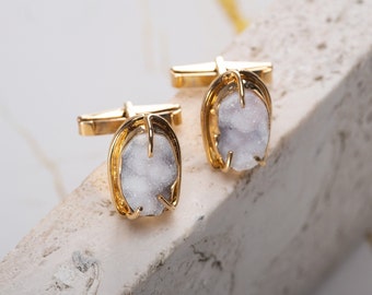 Druzy Quartz 14k Gold Plated Silver Cufflinks, Handmade 14k Gold Plated Silver Cufflinks, Gemstone 14k Gold Plated Silver Cufflinks