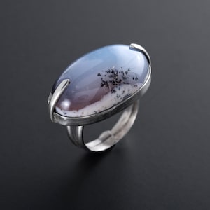 Dendritic Agate Sterling Silver Ring, Adjustable Size 7.5