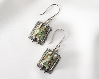 Chrysocolla Sterling Silver Earrings, Handmade Turkish Stone Jewelry