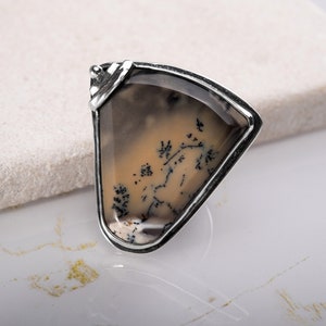 Dendritic Agate Sterling Silver Ring, Handmade Adjustable Size 8.5