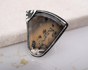 Anillo de plata de ley con ágata dendrítica, hecho a mano, ajustable, talla 8.5.