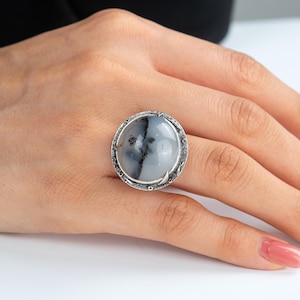 Dendritic Agate Silver Ring: Handmade Sterling Silver, Adjustable